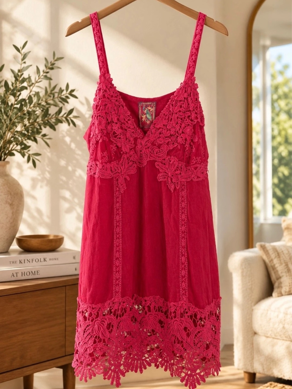 Johnny Was Hot Pink Crochet-Trim Slip Top. NWOT